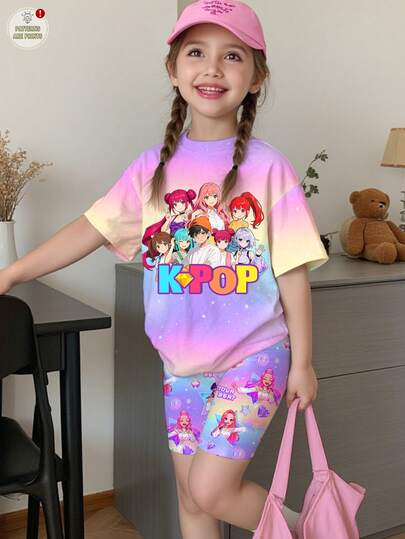 SHEIN 2pcs/Set Young Girl's Casual Fashionable Colorful K-POP Girl Group Letter & Star Print Round Neck Short Sleeve T-Shirt And Shorts Set, Suitable For Holidays, Parties, Daily Wear, Concerts Girls Set Summer Kids Kpop Outfit Kpop Concert Outfits Kids E Girl Clothes