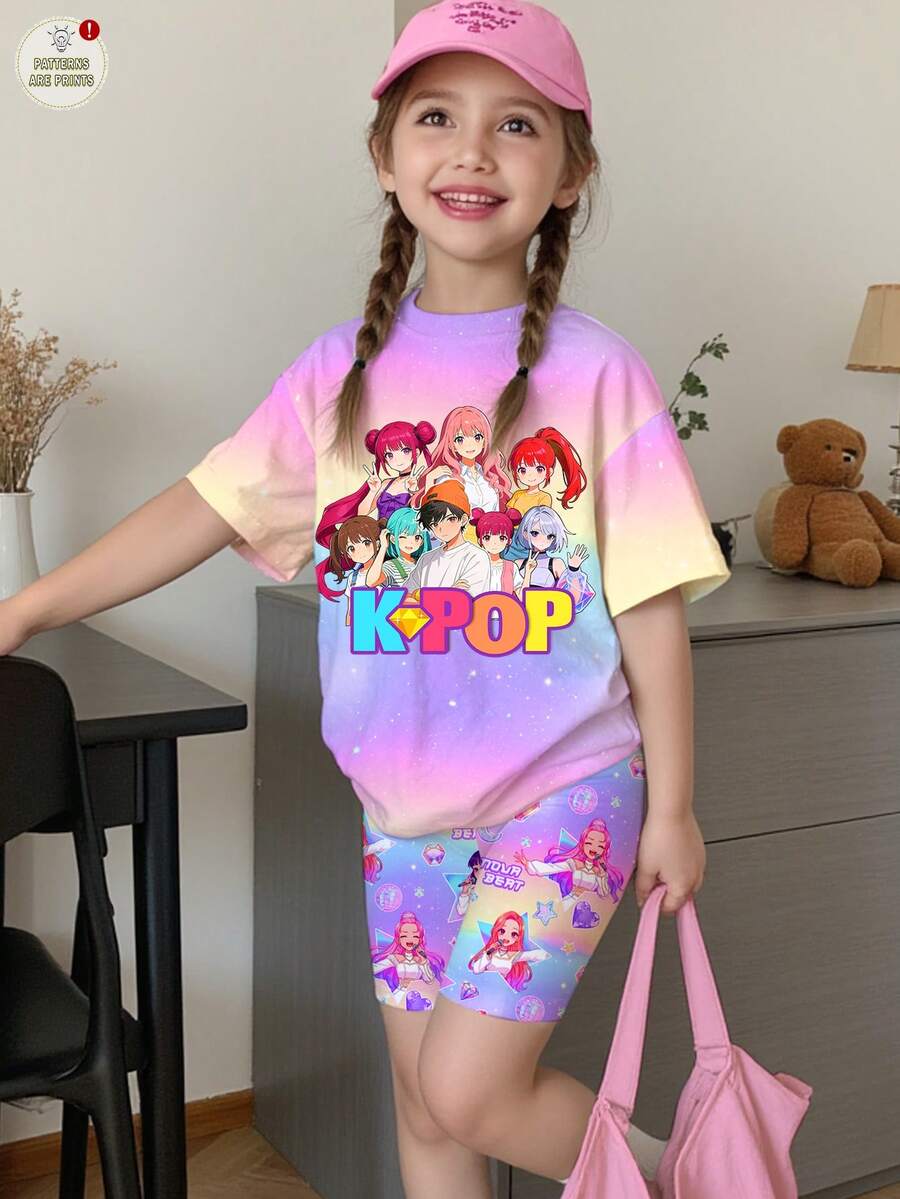 SHEIN 2件套少女休闲时尚彩色K-POP女团字母星星印花圆领短袖T恤和短裤套装,适合度假、派对、日常穿着、演唱会等场合。 - 彩色 - 查看 1