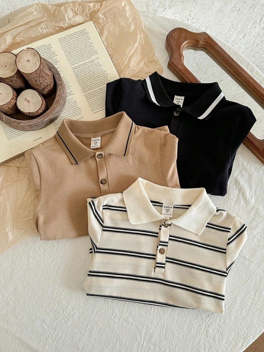 SHEIN 3件套青少年男童休闲运动学院风Polo衫,包括条纹Polo衫、卡其色Polo衫、黑色Polo衫,饰有缎带,高性价比,适合返校、生日派对、宴会、演出、婚礼、洗礼、开幕式等场合,舒适百搭,适合日常穿着、上学、旅行、运动、春夏穿着。 - 彩色 - 查看 1