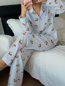 Dream Adore Bộ đồ ngủ nữ tay dài và quần dài in họa tiết quả anh đào sọc, cổ ve lật. - Màu xanh lam - Xem 7
