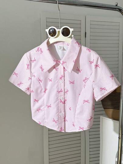 少女休闲简约舒适蝴蝶结条纹图案短袖衬衫