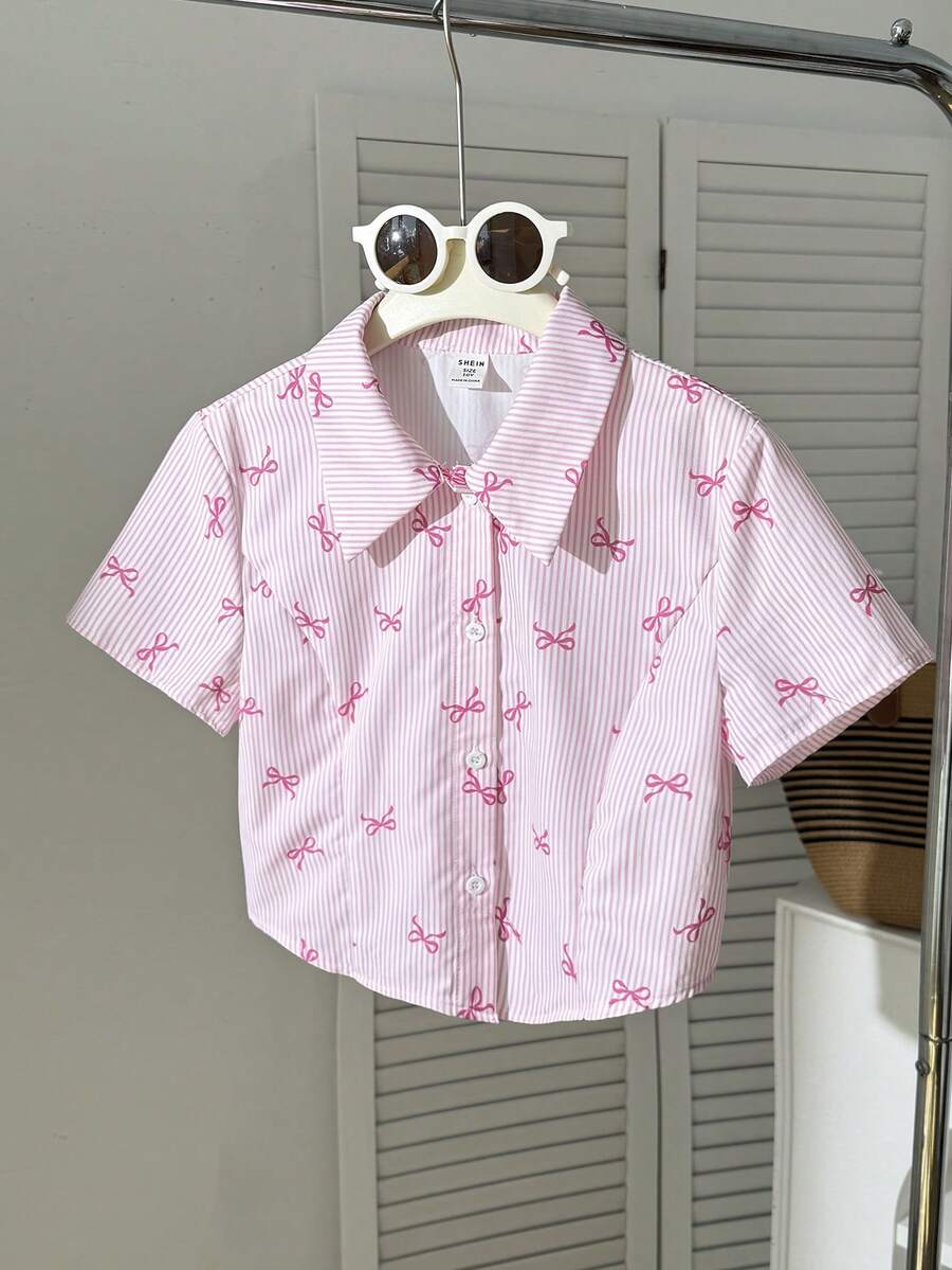 SHEIN قميص قصير الأكمام بياقة مطوية بنمط مخطط مع فيونكة، كاجوال بسيط ومريح للفتيات المراهقات - وردي - مشاهدة 1
