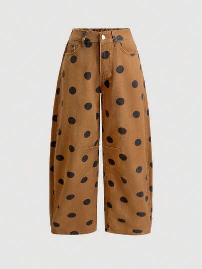 SHEIN PETITE Blugi denim casual pentru femei, cu imprimeu cu buline, spălați