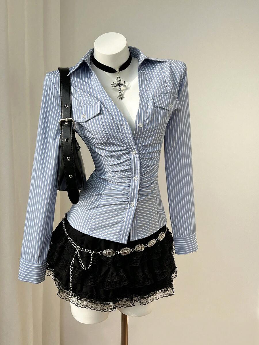 Elamini Spring Sexy Slim Fit Lapel Single-Breasted Striped Casual Blouse For Women - Blue - View 1