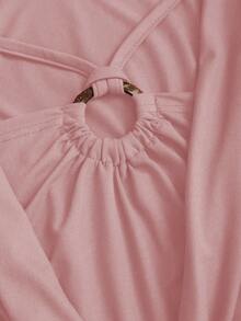 Sweetra 女士纯色环扣长袖褶皱休闲T恤 - 粉色 - 查看 5