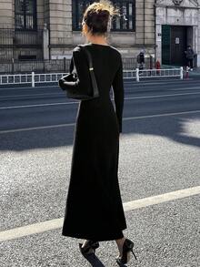 DAZY Lace Patchwork Waist Cinched Women Sweater Dress - Black - View 6