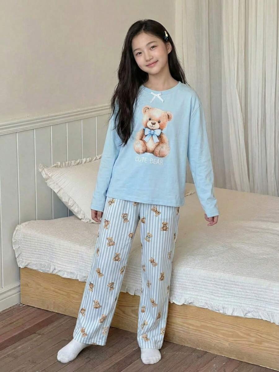 女童可爱小熊字母印花圆领长袖家居服套装,宽松休闲居家服 - 藍色 - 查看 1