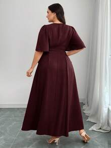 Modelyn Plus Size Women Solid Color Button Half Placket Ruffle Sleeve Waist Tie Elegant Dress - Burgundy - View 2