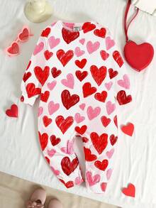 SHEIN Áo liền quần dài tay cổ tròn in hình trái tim cho bé gái - Nhiều màu - Xem 5