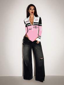 SHEIN ICON 女士撞色长袖半拉链修身连体衣 - 彩色 - 查看 5