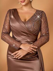 Serin 大码优雅浪漫香槟色深V奢华亮片拼接高弹力褶皱腰部美人鱼裙摆开衩连衣裙，适合婚礼、派对、庆典、正式晚宴（重工装饰设计） - 香檳色 - 查看 5