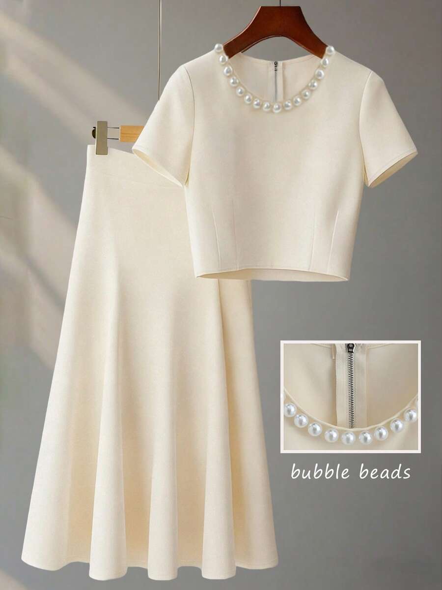 Franclia 2pcs/Set French Elegant 3D Beaded Short Sleeve Top And Layered Skirt Set, Beige, Summer Women's Outfit - Beige - View 1