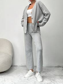 EURMUSE Cotton Drop Shoulder Button Front Tee & Pants - Grey - View 5