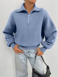 EURMUSE Sudadera oversize de 100% algodón con cuello con cremallera y estampado - Celeste - Ver 5