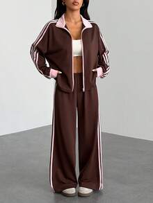 SHEIN PETITE Women's Contrast Stripe Jacket And Pants 2 Pieces Set Brown 2 Pieces Set Tracksuit Women Set 2 Pieces Lounge Sets Woman,Cozy Fall And Winter Clothes For Women - Brown - View 9