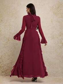 SHEIN Tall 女士优雅咖啡棕色长袖高领荷叶边连衣裙，适合约会、派对、正式场合、秋冬季穿着。 - 酒紅色 - 查看 2