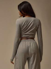 MUSERA ESSENTIALS Wrap Around Tie Long Sleeve Ballet Style Cotton Lounge Top Coord Top Only Winter Cosy Lounge Cute Everyday Lounge  Essential Valentines Day Spring - Grey - View 4