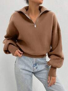 EURMUSE 100% Cotton Collar With Zipper Pattern Oversize Sweatshirt - Brown - View 7