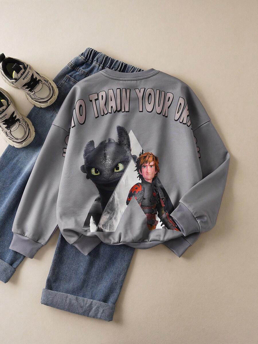SHEIN How to Train Your Dragon Tween Boy Casual Letter & Dragon Print Crew Neck Sweatshirt, Autumn - رمادي - مشاهدة 1
