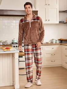 CoupledUp Contrast Plaid Flannel Casual Loose Men's Pajama Set - Brown - View 5