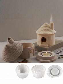 2pcs DIY Resin Cement Small House, Chimney, Candle Holder, Aroma Diffuser, Gypsum Mirror Silicone Mold