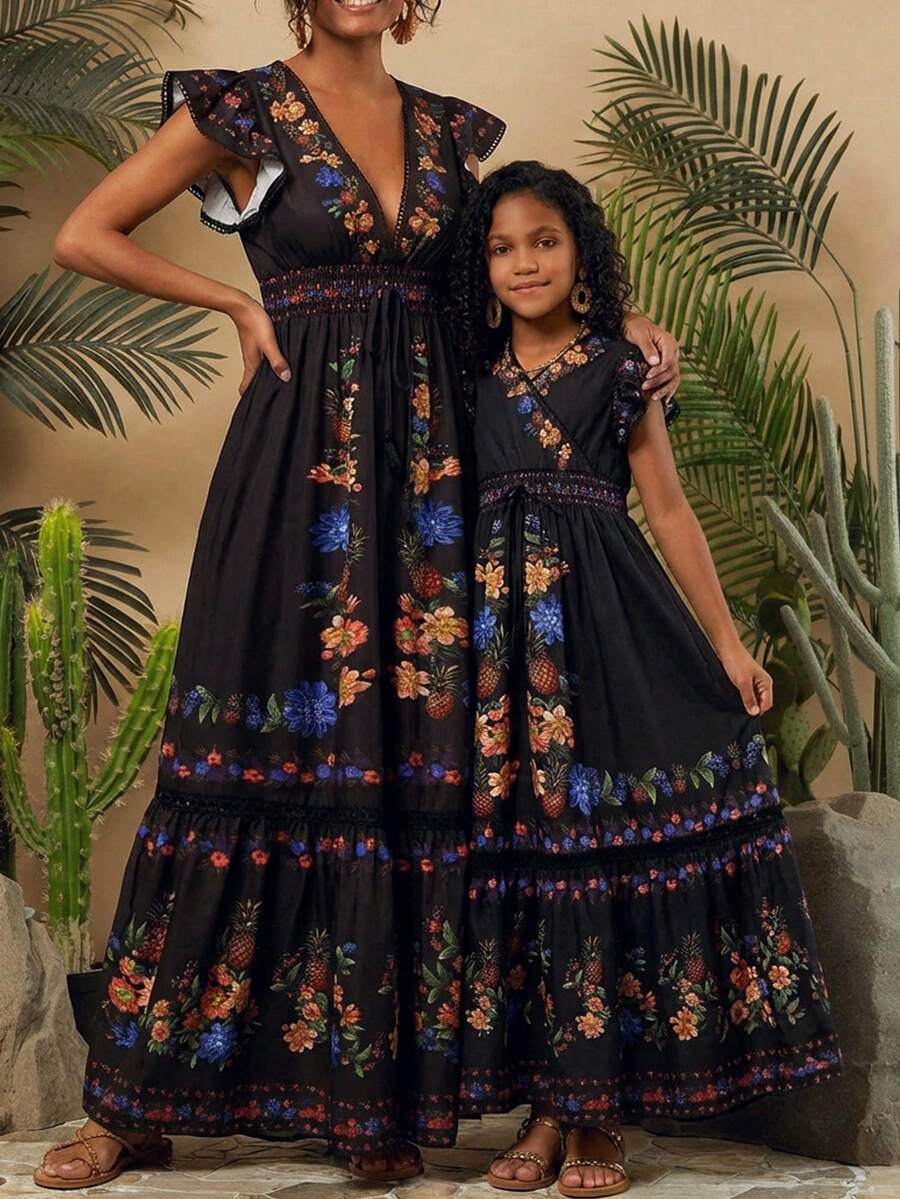 Travachic KIDS 少女度假休闲黑色碎花荷叶边连衣裙 - 黑色 - 查看 1