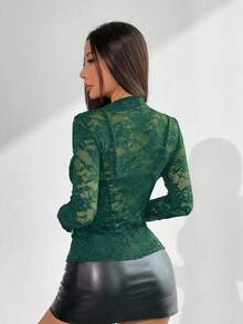 EgrlEra Tall 女士性感透视蕾丝长袖修身露脐上衣 - 墨綠色 - 查看 2