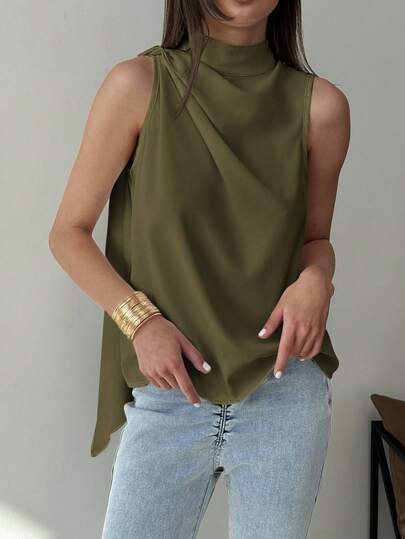 Aloruh Blusa tejida con pliegues en línea H sin mangas de estilo minimalista y de oficina, para primavera/verano