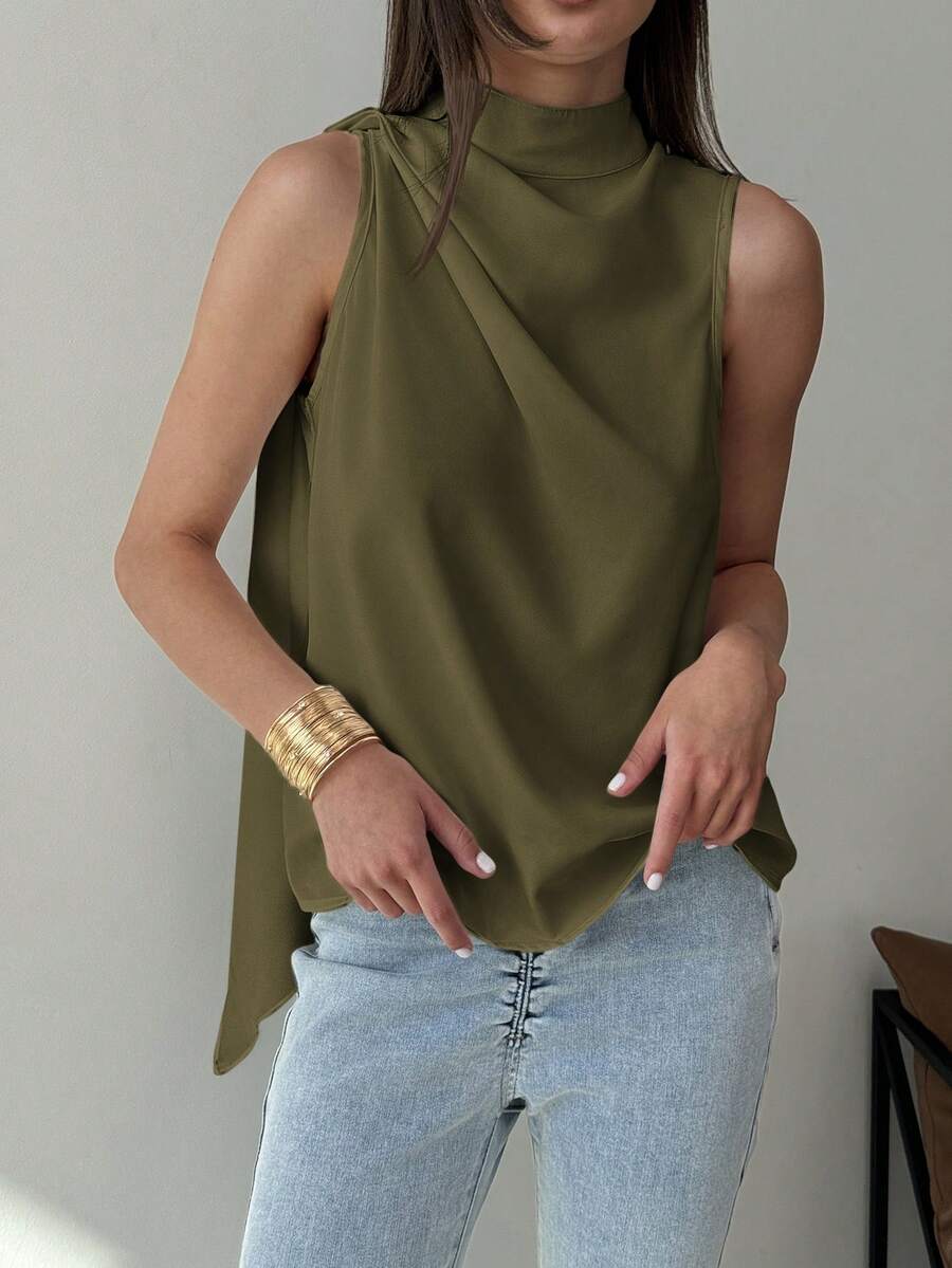 Aloruh 极简通勤风白色无袖褶皱H字形梭织衬衫，女士春夏款 - 橄欖綠 - 查看 1