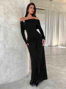 Aloruh 棕色露肩修身派对连衣裙，配金属装饰肩带，百搭长袖女式连衣裙 - 黑色 - 查看 4