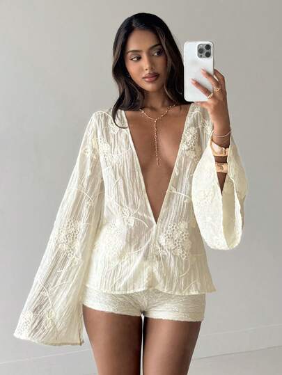 Aloruh Women's Sexy Deep V Jacquard Flare Sleeve Blouse, Apricot Color