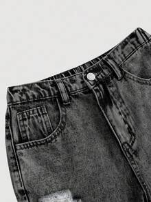 SHEIN Girlism Teen GirlBlue Distressed Loose Straight Leg Jeans - Black - View 3