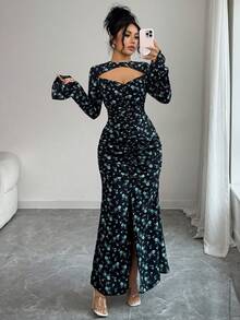 SHEIN Raffinéa Đầm dài tay thanh lịch cổ khoét eo xếp ly xẻ tà dành cho nữ - màu đen - Xem 1