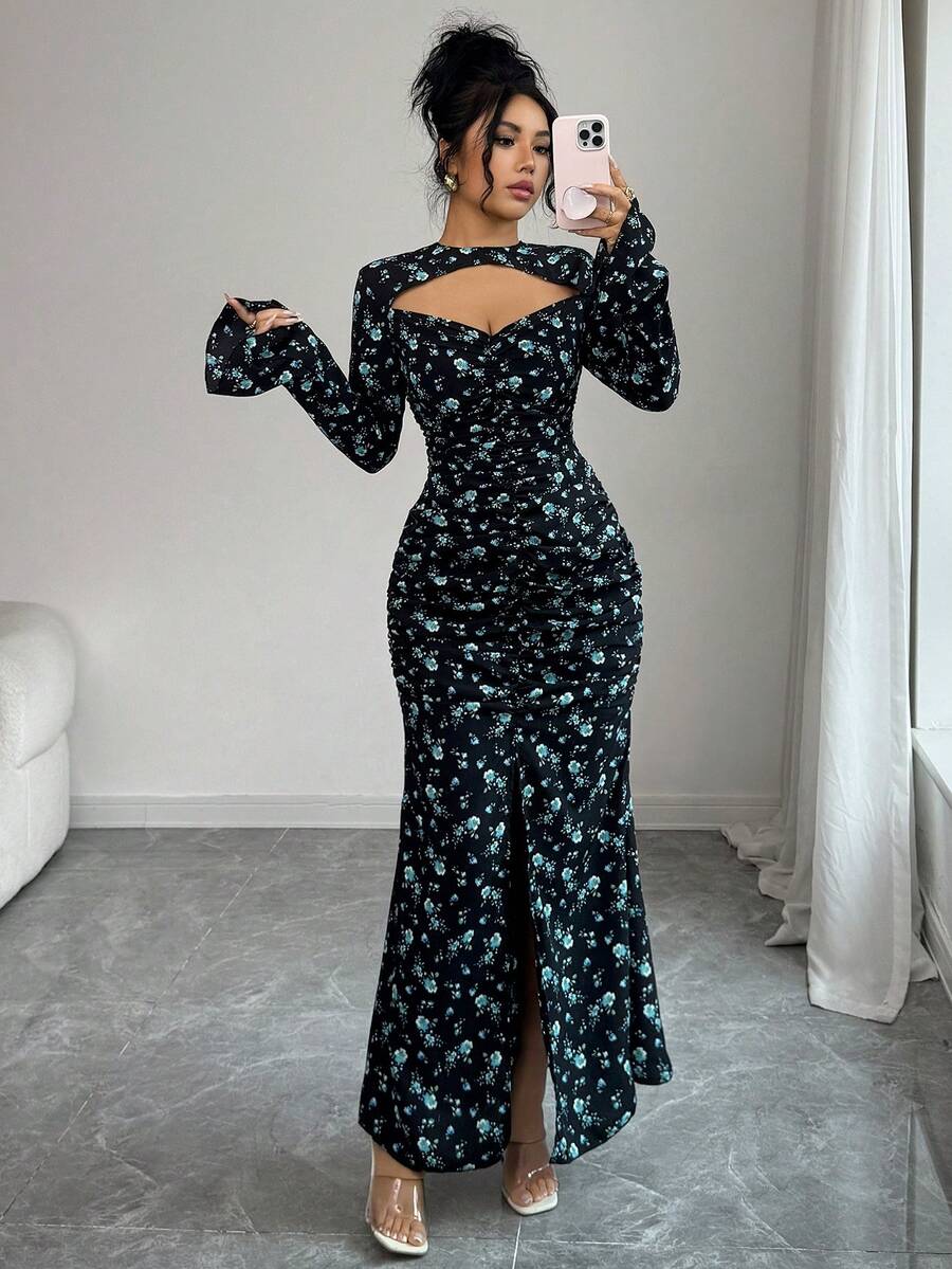 SHEIN Raffinéa Đầm dài tay thanh lịch cổ khoét eo xếp ly xẻ tà dành cho nữ - màu đen - Xem 1