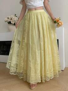 Modelyn 纯色优雅复古梭织伞形半身长裙女装 - 淡黃色 - 查看 4