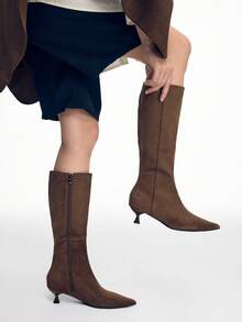 Mnmlis 女士尖头休闲百搭时尚高跟过膝长靴 - 鏽棕色 - 查看 6
