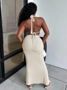Alexandranx Chic Autumn Women's Summer Vacation Textured Metal Decor Hollow Out Halter Top And Mini Skirt Set - Apricot - View 2