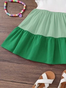 SHEIN 女婴针织撞色圆领荷叶边下摆修身连衣裙 - 彩色 - 查看 3