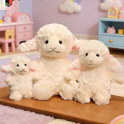 POKOJA LAND 1 件可爱绵羊毛绒玩具，毛茸茸的柔软耳朵，白色毛绒可爱小羊，适合儿童和成人——可拥抱的毛绒靠垫，可用于床、沙发、旅行、婴儿房，生日圣诞节礼物。