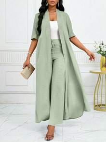 SHEIN Lady Bộ đồ đôi 2 mảnh dành cho nữ cỡ lớn, màu trơn, tay ngắn, gồm áo choàng và quần dài thắt eo, kiểu dáng thường ngày. - màu xanh lá - Xem 5