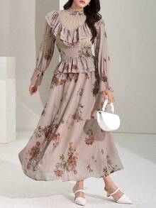 DAZY Women's Elegant Floral Print Ruffle Hem Top And Skirt 2-Piece Set - Pink - View 3