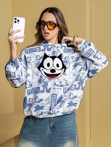 Felix The Cat X SHEIN Áo sweatshirt nữ dáng rộng in họa tiết toàn thân, vai rớt, thích hợp cho mùa thu. - Màu xanh lam - Xem 5
