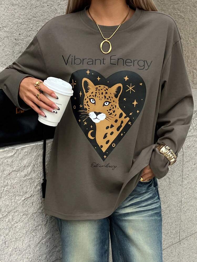 Women's Casual Heart & Cheetah Print T-Shirt, Autumn Long Sleeve