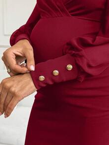 SHEIN Pregnant Women Solid Color Draped V-Neck Ruched Fitted Long Sleeve Elegant Dress - Burgundy - View 6