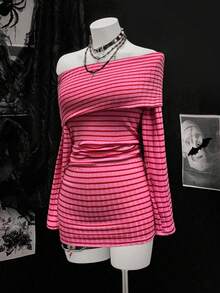 EgrlEra Women's Fashionable Black And Gray Striped Long Sleeve Dress - Multicolor - View 3