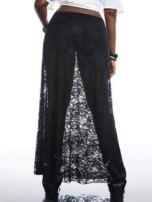 SHEIN EZwear 大码女式性感超长黑色蕾丝裙，夏季 - 黑色 - 查看 3