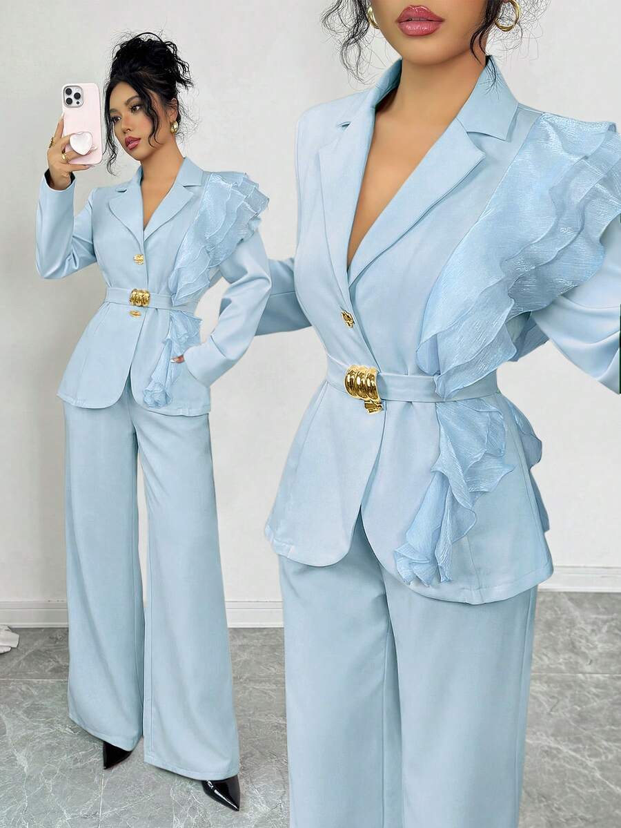 Elenzga Women's Autumn/Winter Formal Elegant Luxury Sequin Organza Ruffle Collar Belted Fitted Long Sleeve Blazer Jacket + Straight Leg Pants 2-Piece Suit Set, Burgundy