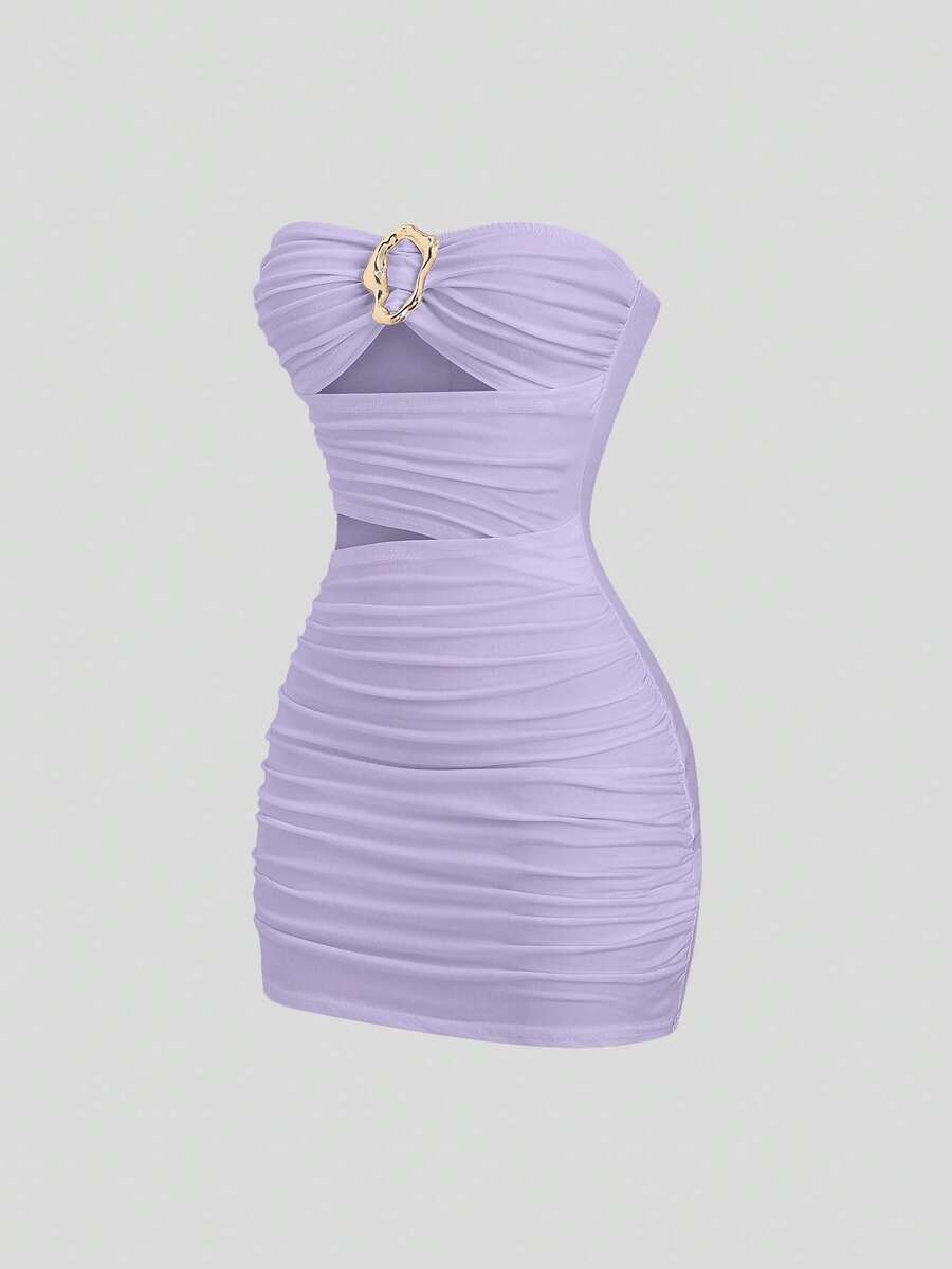 Sweetra Women's Sexy Fitted Strapless Metal Buckle Mini Dress - Mauve Purple - View 1