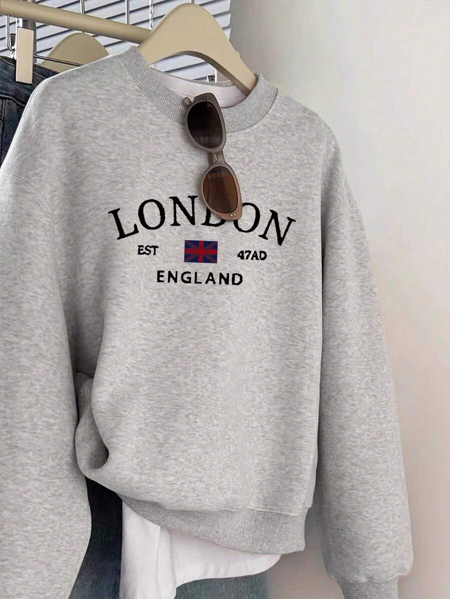 EMERY ROSE 女士字母印花圆领长袖休闲宽松套头卫衣 - 淺灰色 - 查看 1