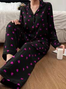 Dream Adore Bộ đồ mặc nhà in hình trái tim nhăn nhẹ dành cho nữ, thích hợp mặc trong nhà và ngoài trời. - màu đen - Xem 5